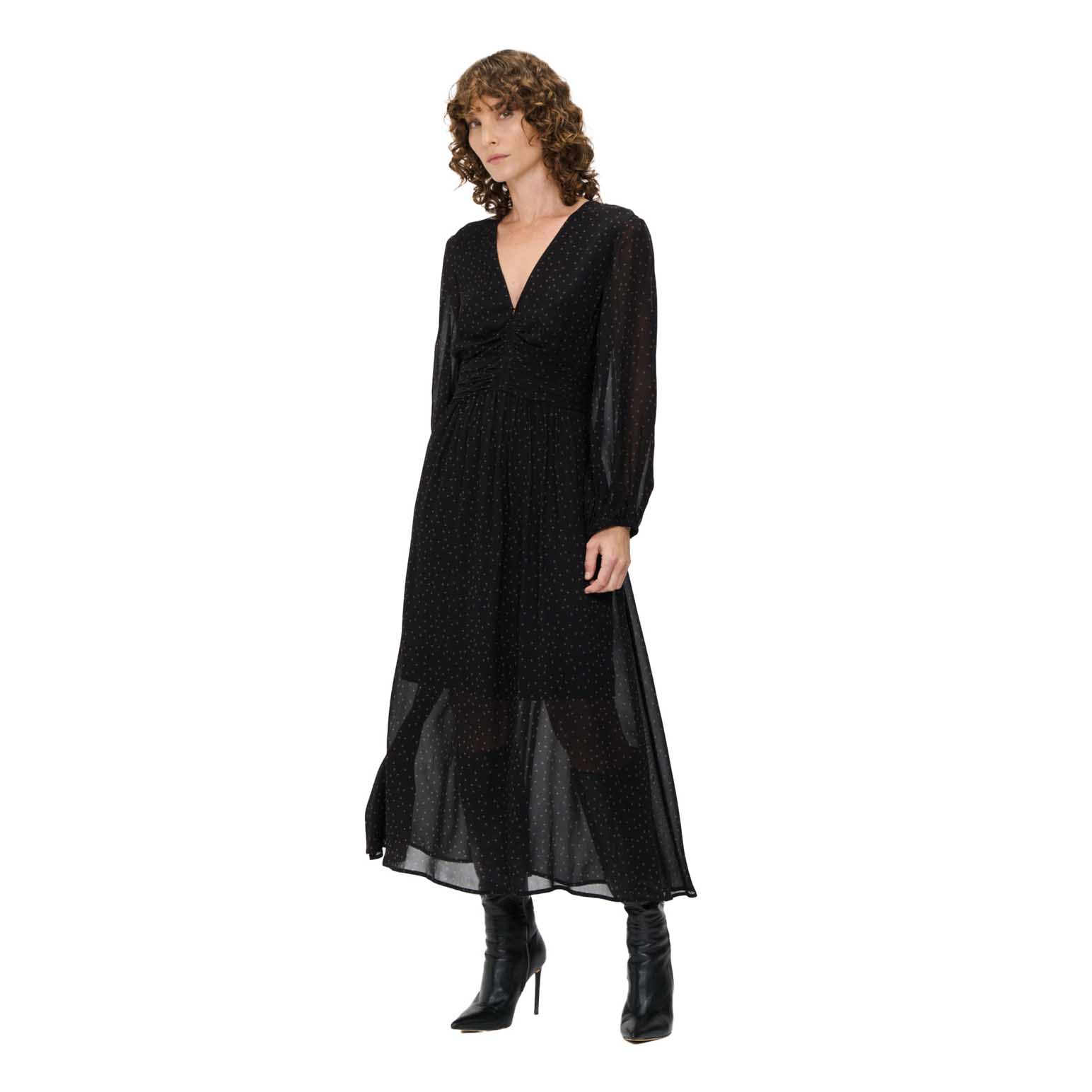 Veronika Maine Spotted Georgette Gathered V-Neck Dress